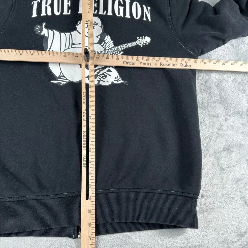 True Religion Buddha Sherpa Zip Hoodie Men M Black Streetwear Y2K Graphic Fleece